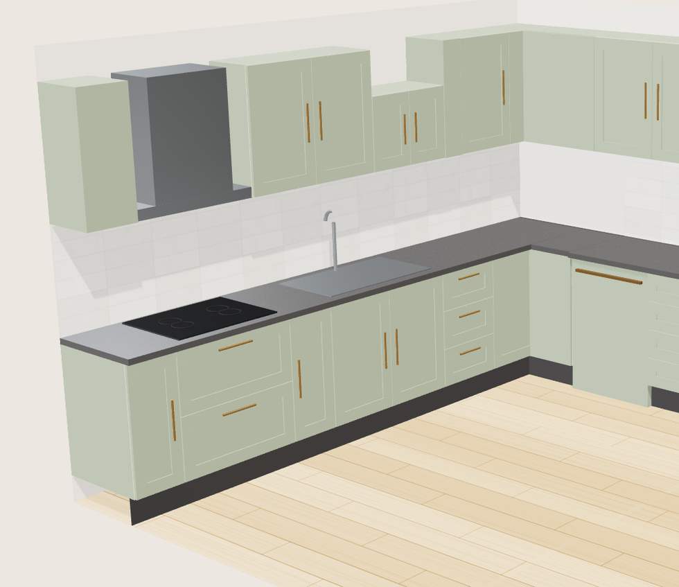 An L-shaped kitchen drawn in the planner: sage shaker doors, a basalt benchtop and oak floorboards