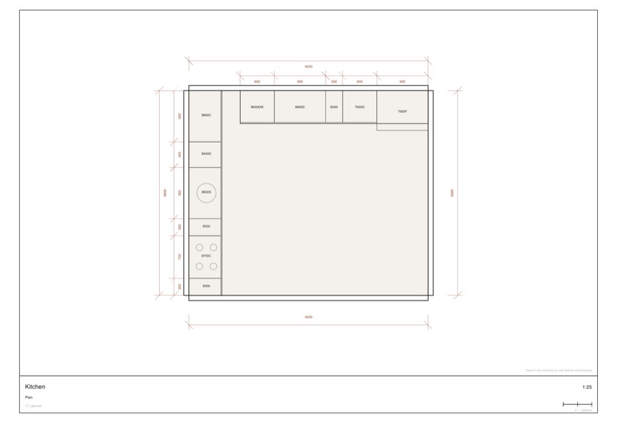 A dimensioned plan sheet at 1:25, with a title block, dimension chains and a code on every cabinet